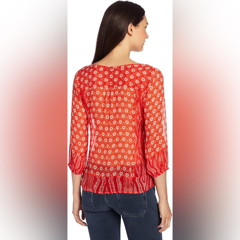Lucky Brand Caley Mixed Print Orange Sheer Boho Peasant Blouse - Picture 3 of 9